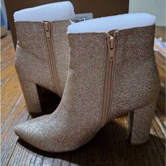 Size 7 Perphy Gold Metallic Glitter Pointed Toe Chunky Heel Ankle Boots Booties - Picture 8 of 10